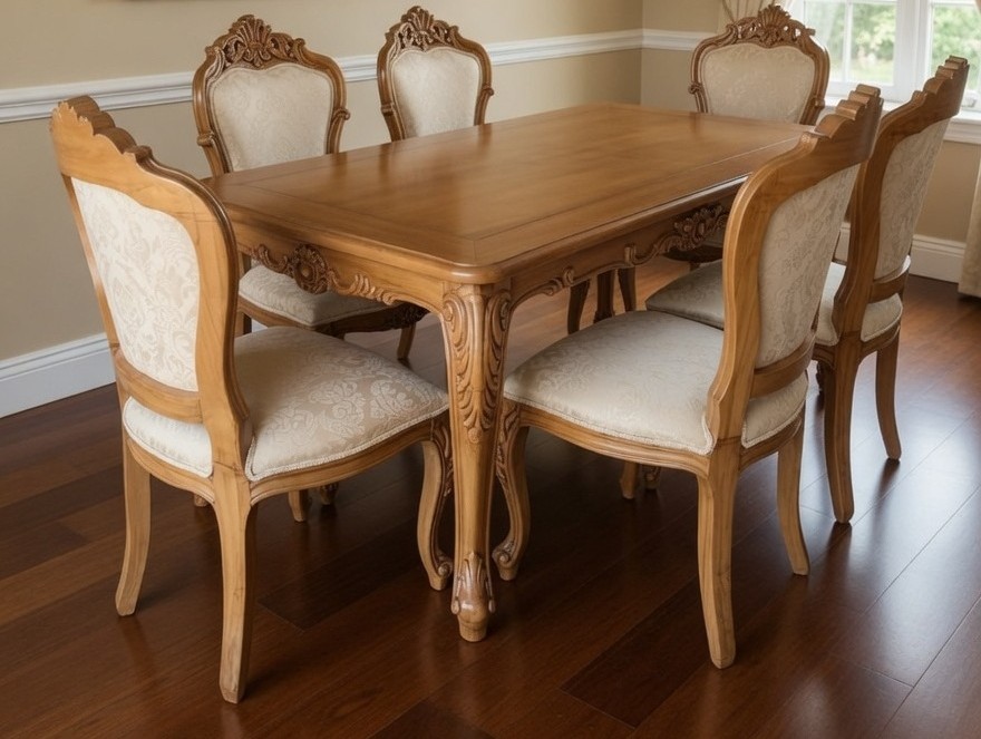Ornate Louis XV Teak Dining Set -Hand Carved Rococo Table &amp; 6 Upholstered Chairs photo 5