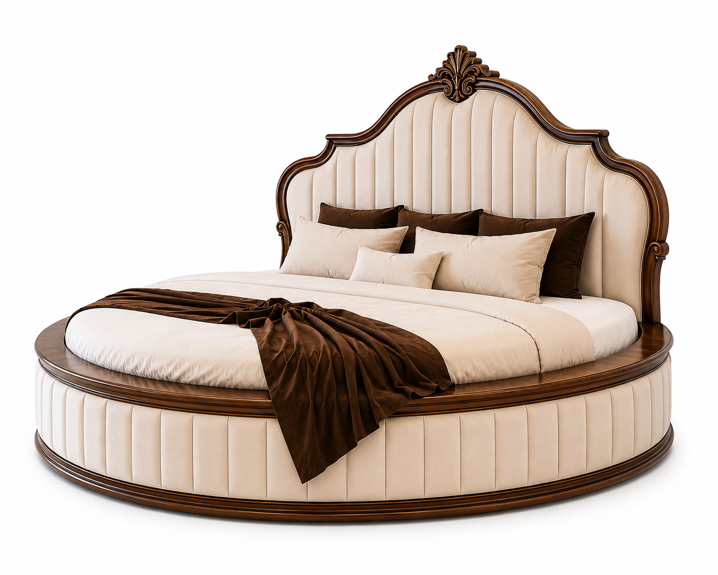 Luxury Round Bed | Solid Teak Wood Frame | Tufted Upholstered Headboard | Custom Sizes photo 2