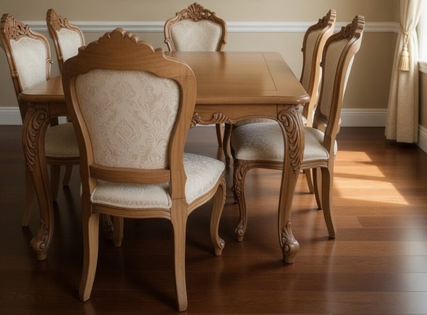 Ornate Louis XV Teak Dining Set -Hand Carved Rococo Table &amp; 6 Upholstered Chairs photo 2