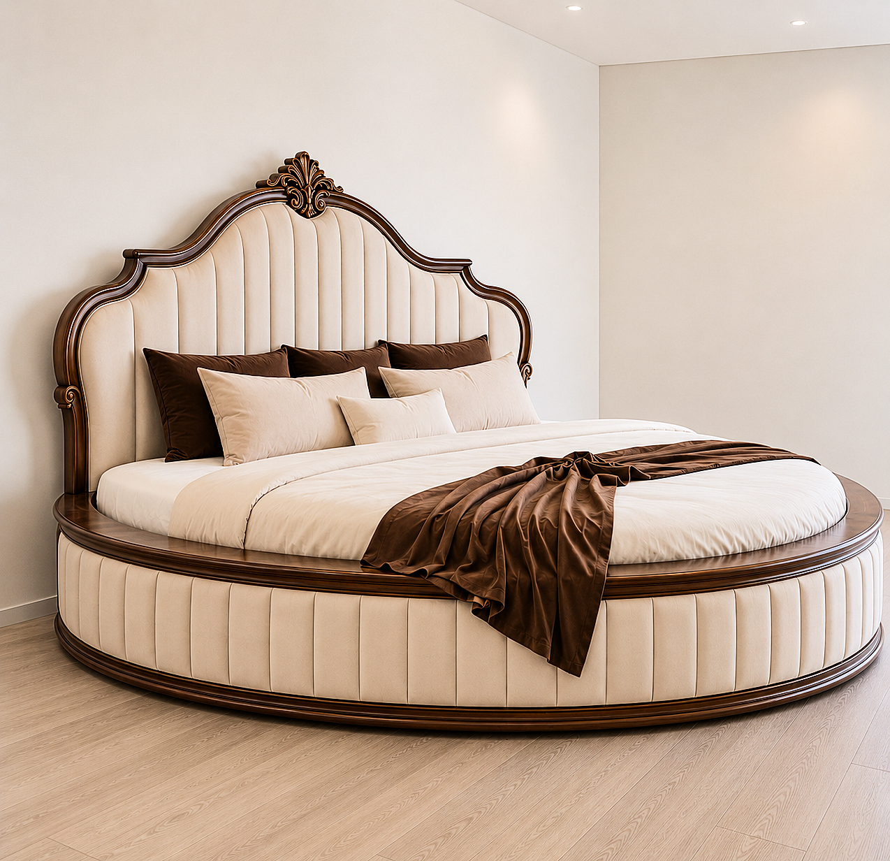 Luxury Round Bed | Solid Teak Wood Frame | Tufted Upholstered Headboard | Custom Sizes photo 3