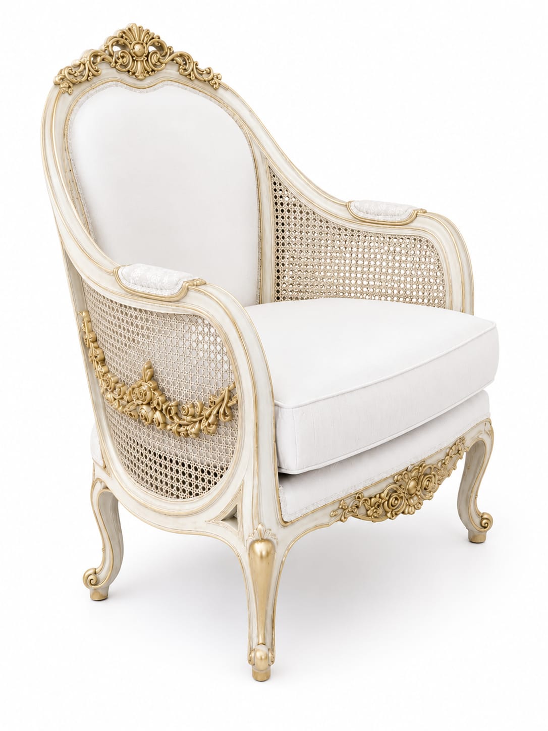 Hand Carved Teak Wood Rattan Cane Accent Chair, French Living Room Furniture photo 4