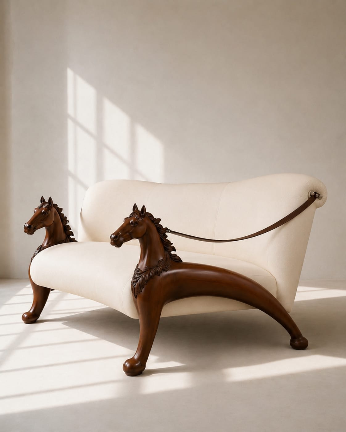 Close view of the sculpted horse head arm terminal showing hand carved muzzle, eye and flowing mane detail