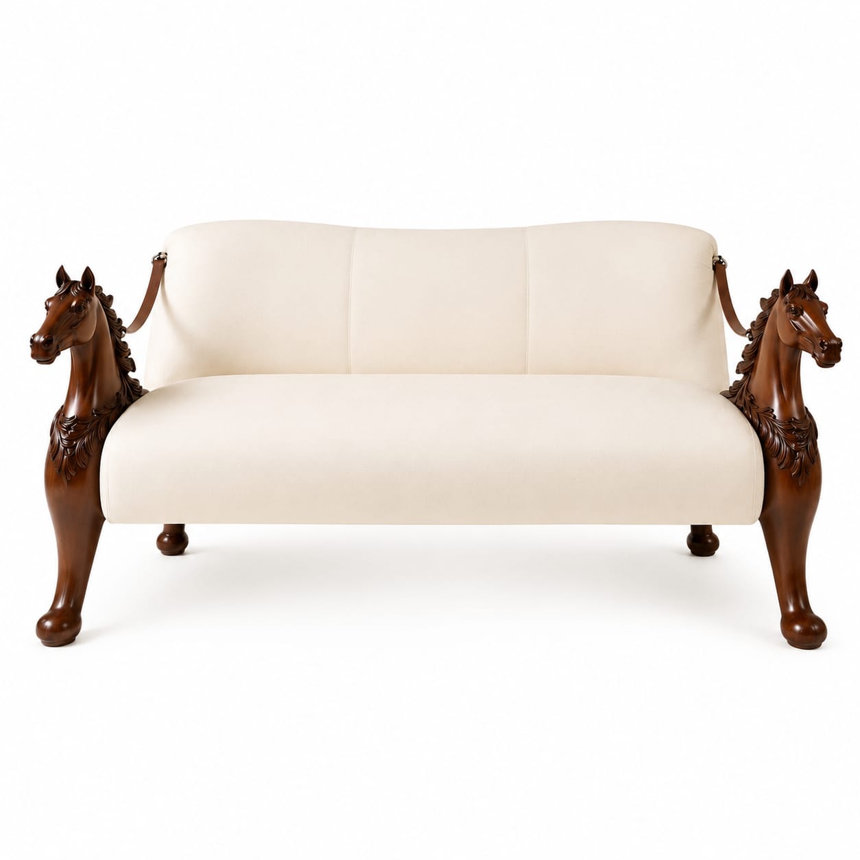 Styled interior showing the carved horse sofa under directional lighting that emphasises the depth of the carving