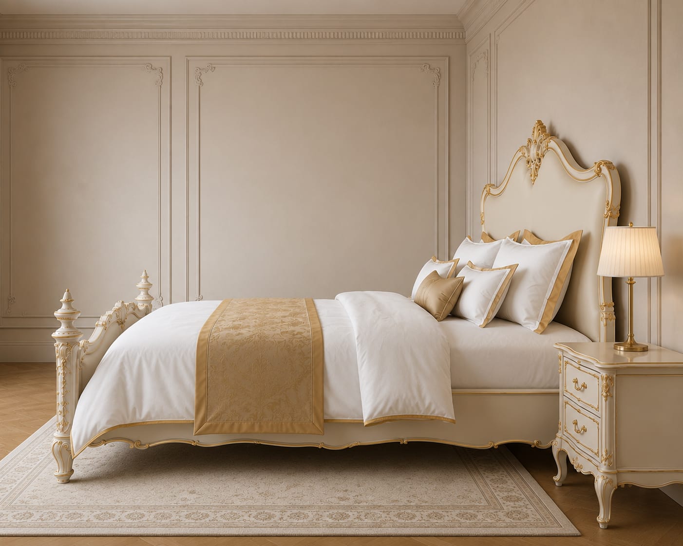 The finished luxury beige and antique gold bed frame photographed from the foot of the bed showing footboard carving