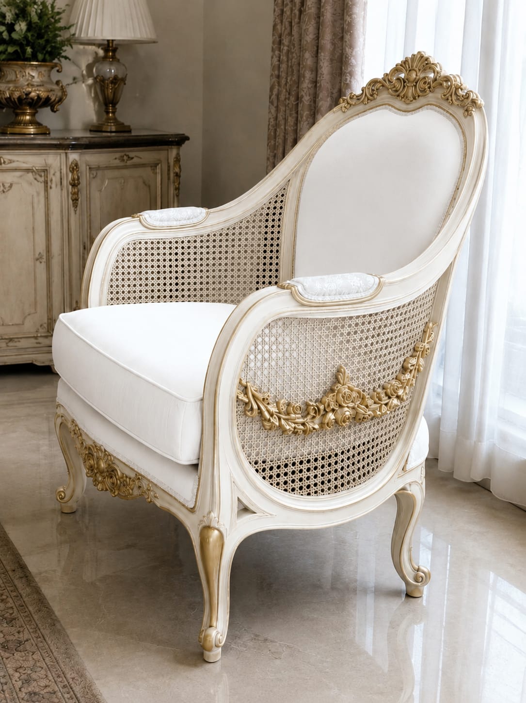Hand Carved Teak Wood Rattan Cane Accent Chair, French Living Room Furniture photo 7