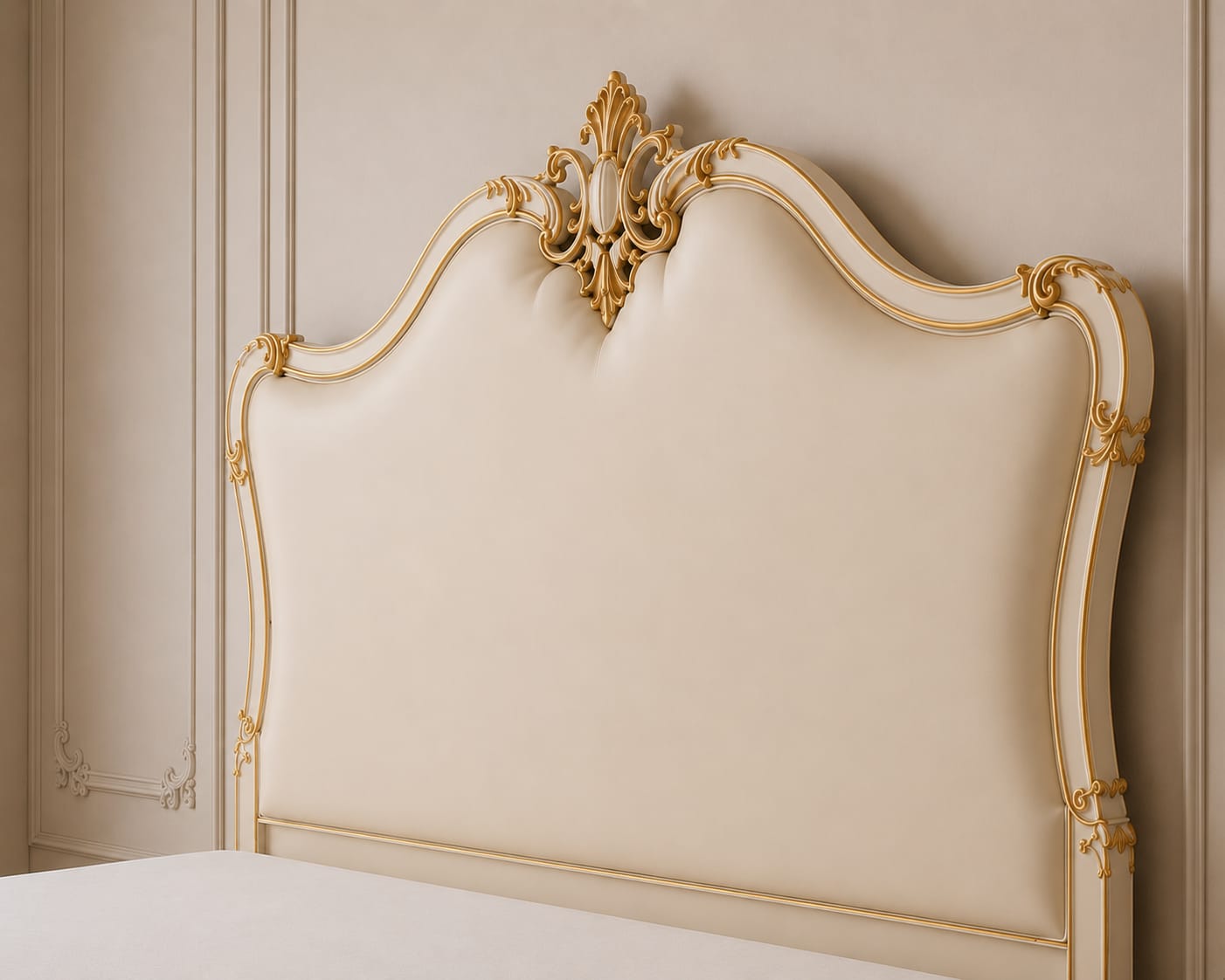 Close view of the hand-carved antique gold cresting and scrollwork on the upholstered beige headboard