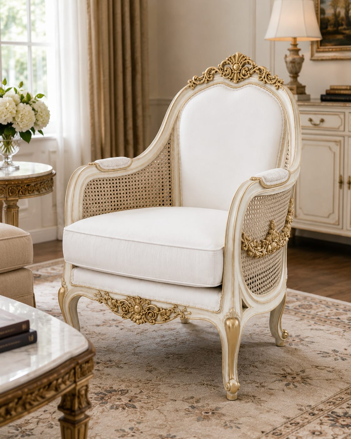 Hand Carved Teak Wood Rattan Cane Accent Chair, French Living Room Furniture photo 6