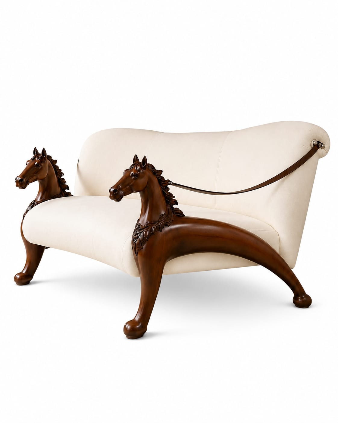 Detail of the carved leg and front rail of the horse sofa showing the antique wood finish