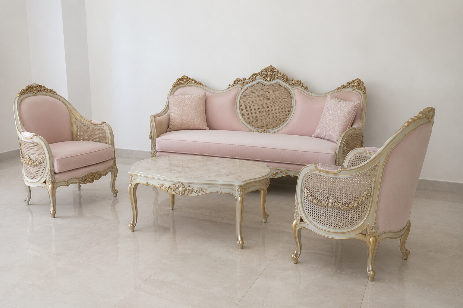 French Country Rattan Cane Sofa Set | Handmade Vintage Furniture | Luxury Living Room Decor photo 9