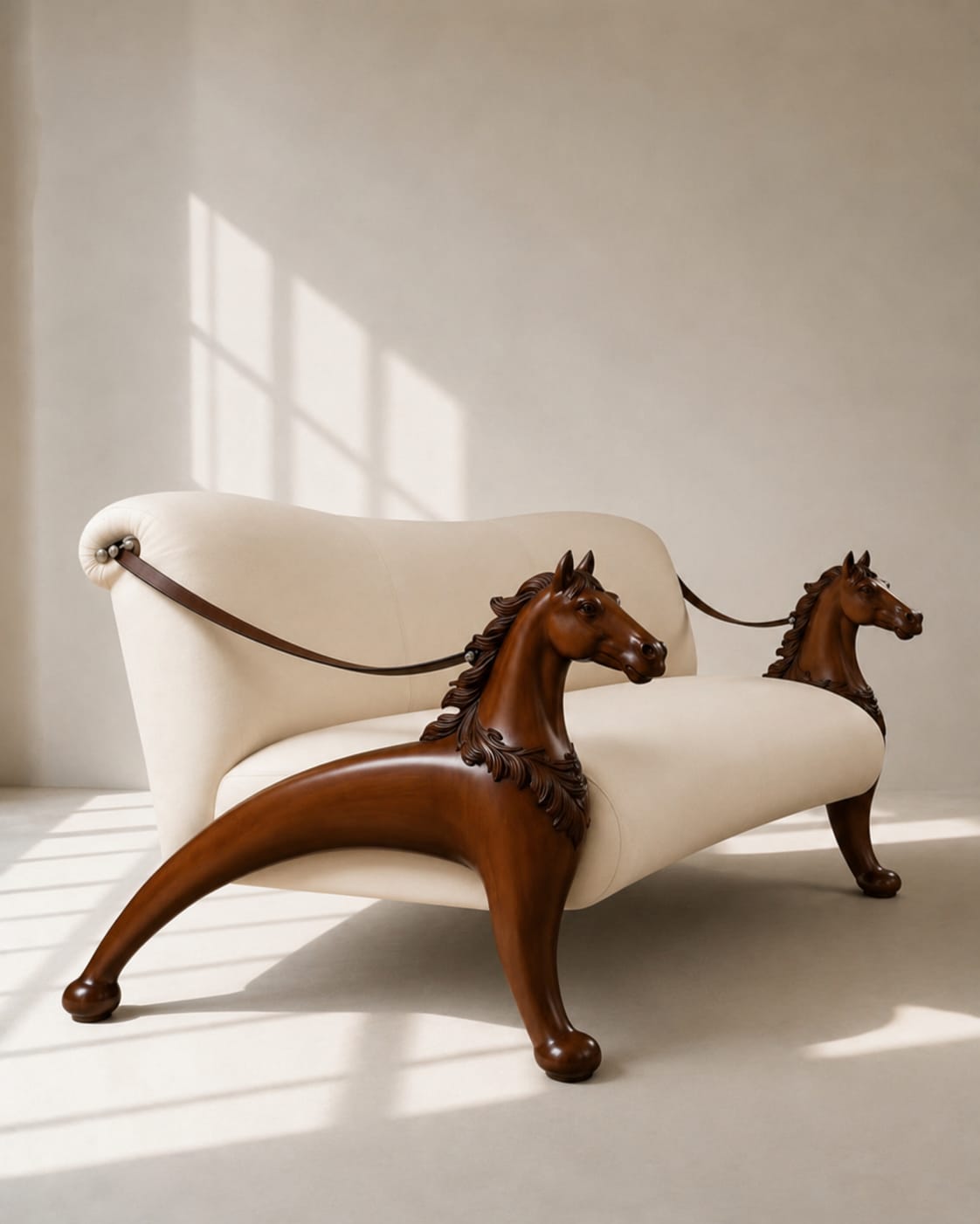 Angled view of the hand carved horse sofa showing the carved back crest rail and both sculpted arm terminals