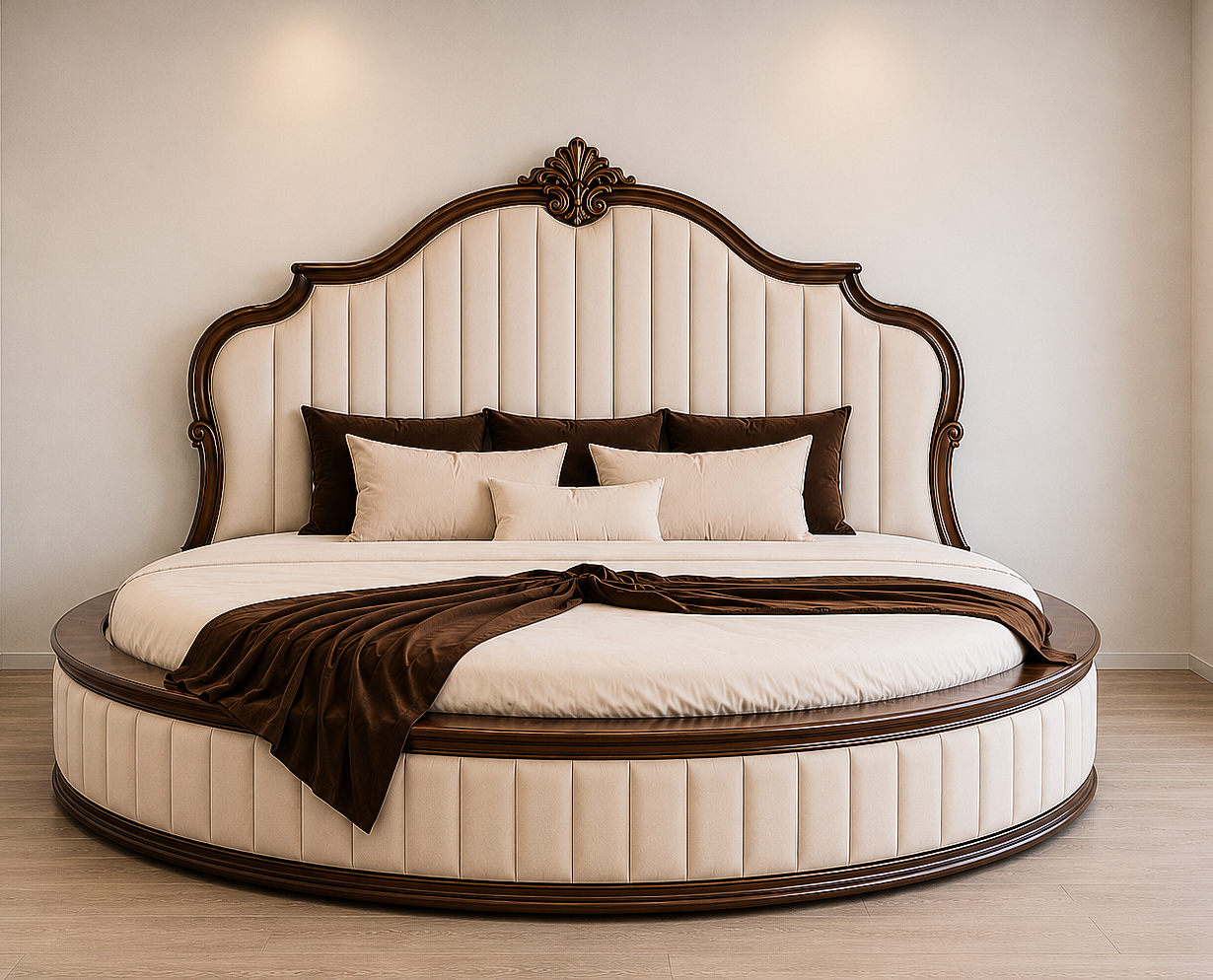 Luxury Round Bed | Solid Teak Wood Frame | Tufted Upholstered Headboard | Custom Sizes — handmade handcrafted