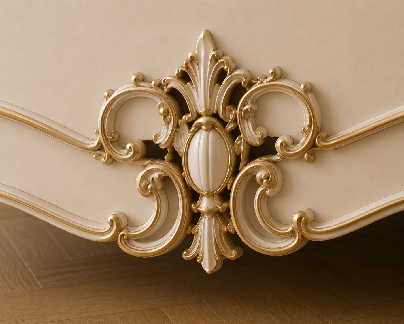 Styled French bedroom showing the beige and gold bed frame with side lighting emphasising the carved gilded detail