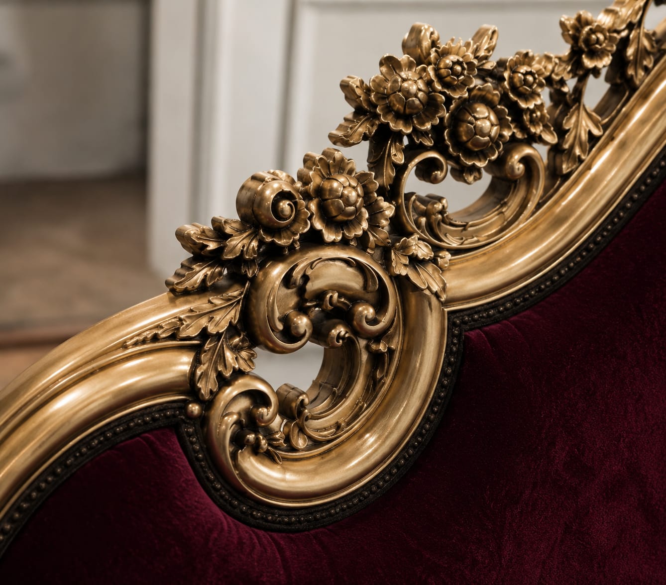 Close-up of ornate floral and scroll detailing on the chaise lounge frame