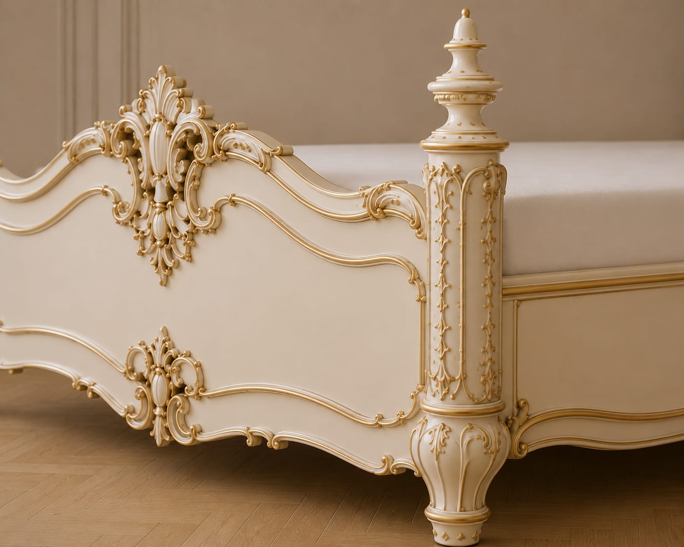 Full length view of the beige and gold French bed frame styled with layered bedding and side tables