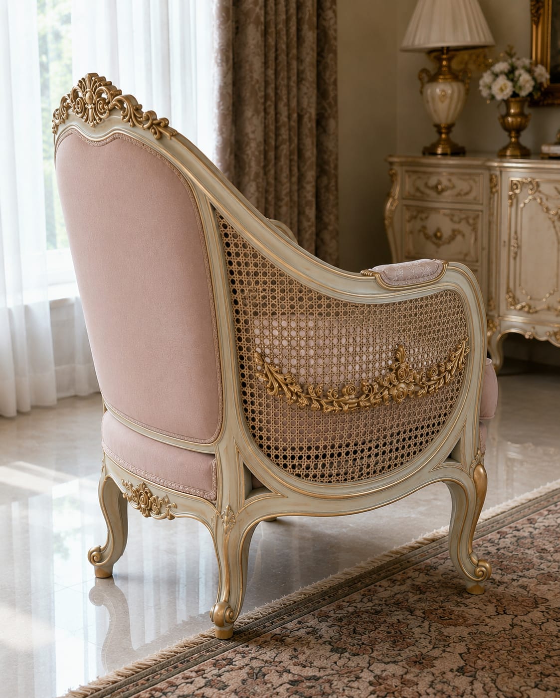 Hand Carved Teak Wood Rattan Cane Accent Chair, French Living Room Furniture photo 5