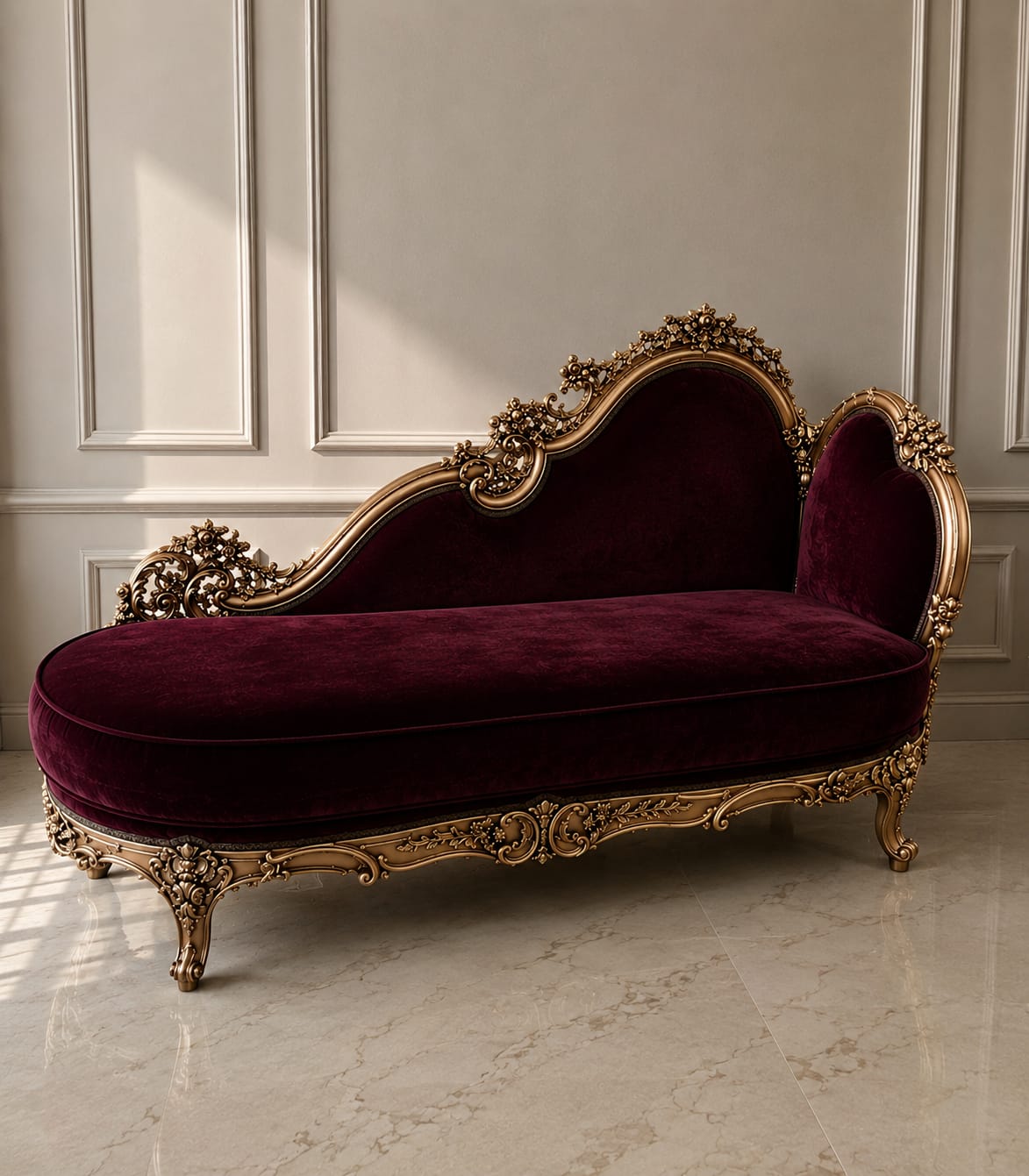 French-inspired chaise lounge showing its curved silhouette and ornate frame