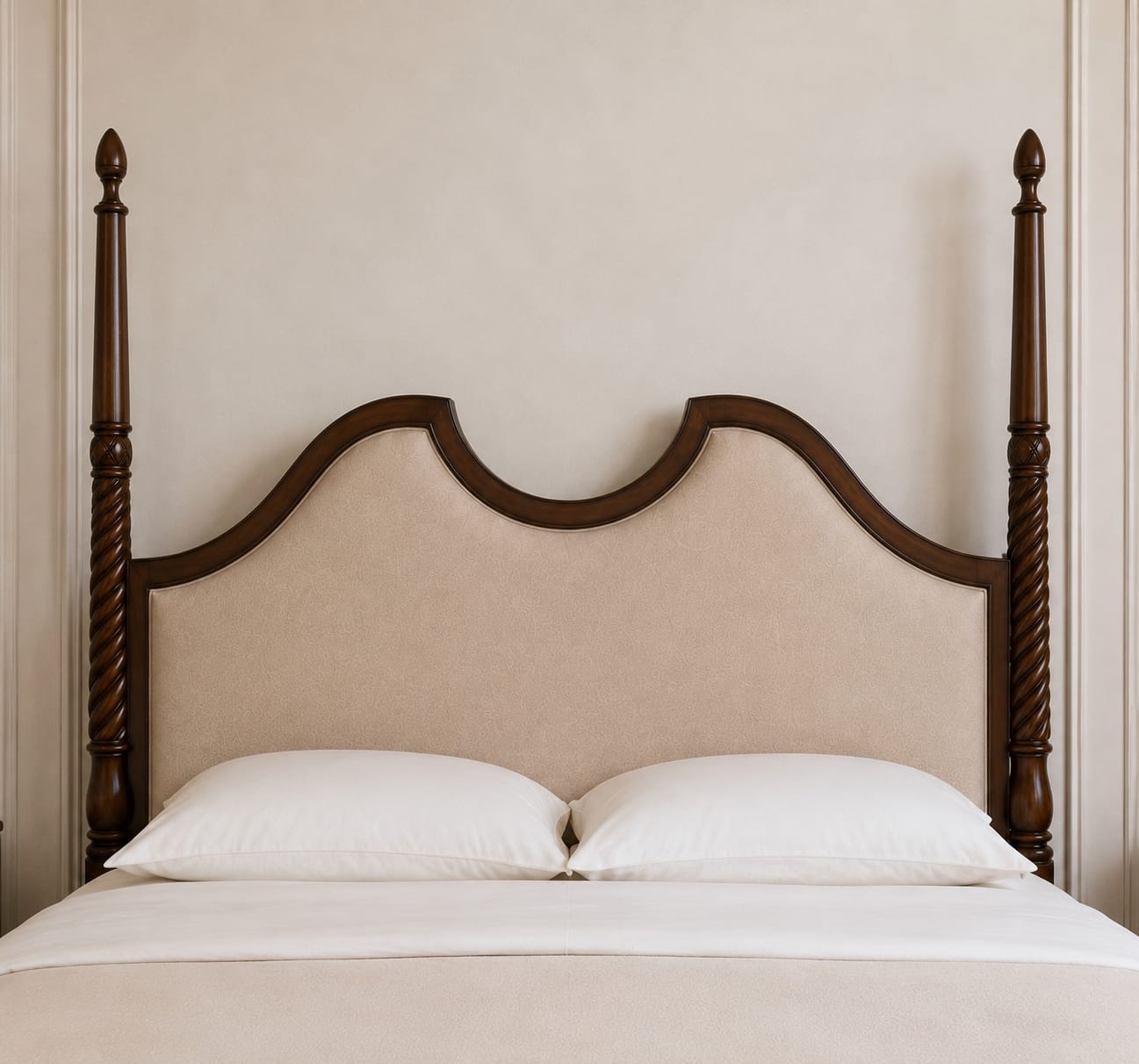 Full room view of the four poster teak bed showing scale, post height and side rail proportions