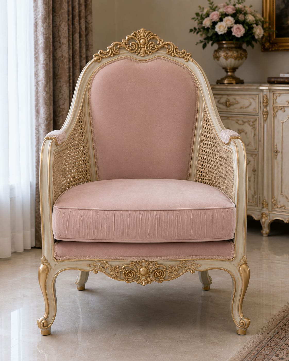 Hand Carved Teak Wood Rattan Cane Accent Chair, French Living Room Furniture handmade in Handcrafted