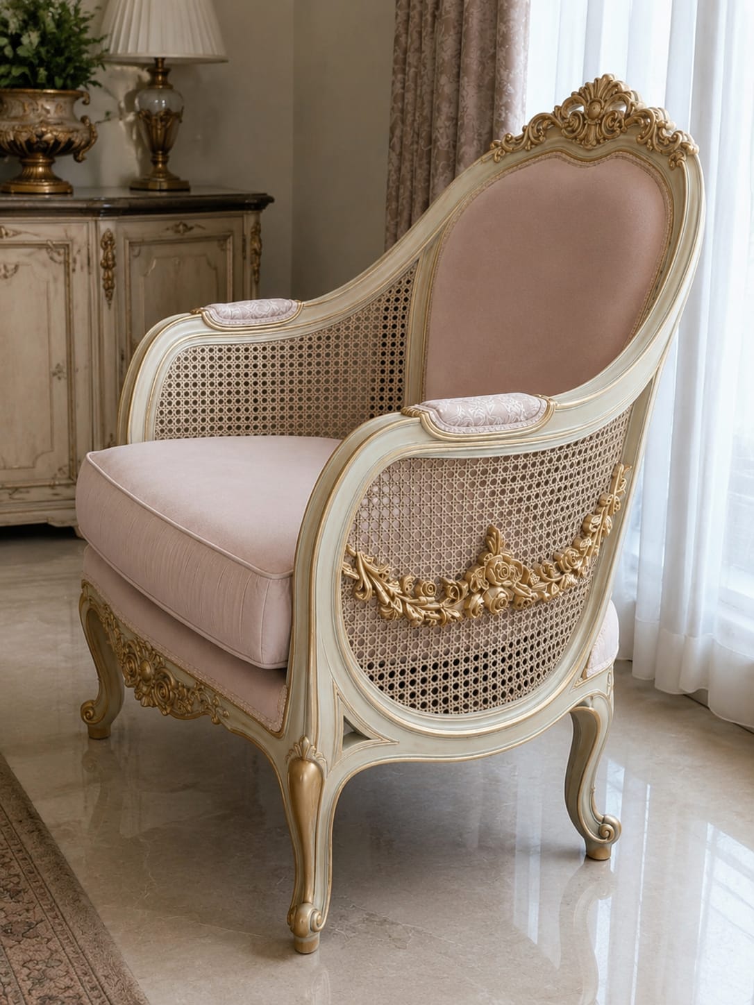 Hand Carved Teak Wood Rattan Cane Accent Chair, French Living Room Furniture photo 2