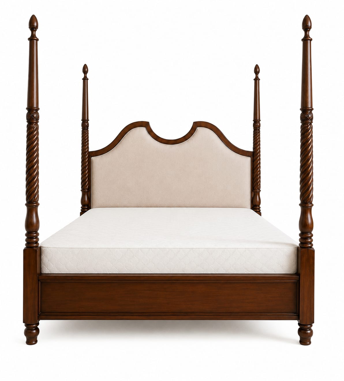 Upholstered camelback headboard on the teak four poster bed, showing the serpentine curve and fabric detail
