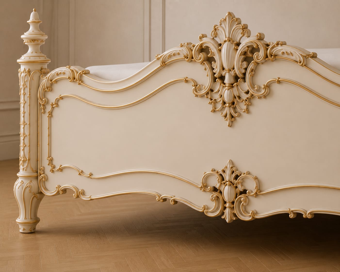 Detail of the solid teak frame rail and carved gilded leg on the luxury French bed frame