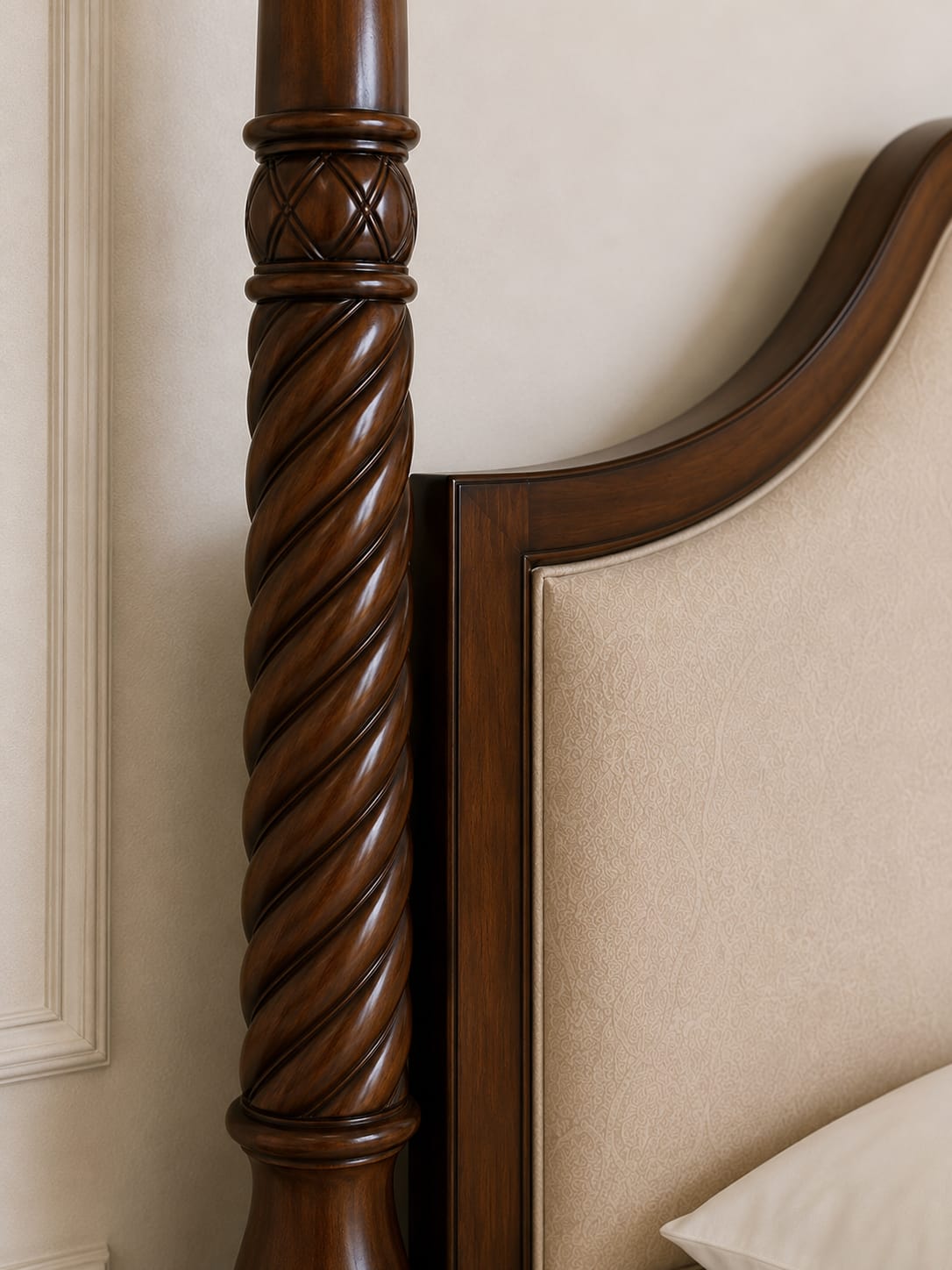 Footboard and side rail detail on the handcrafted solid teak four poster bed