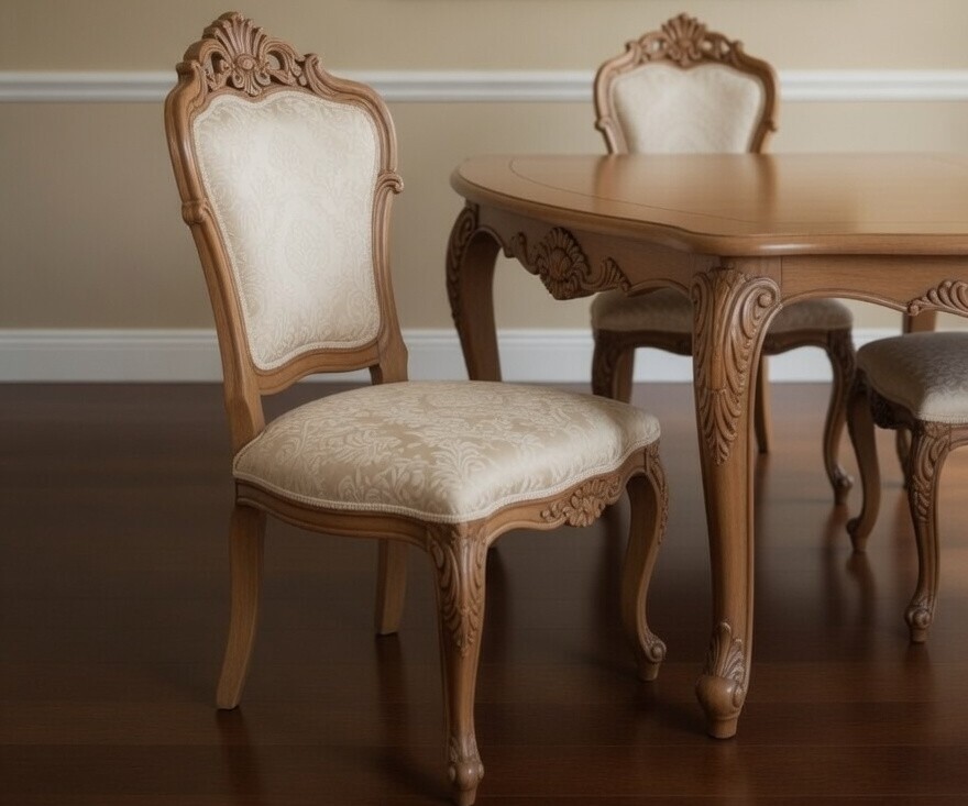 Ornate Louis XV Teak Dining Set -Hand Carved Rococo Table & 6 Upholstered Chairs handmade in Handcrafted