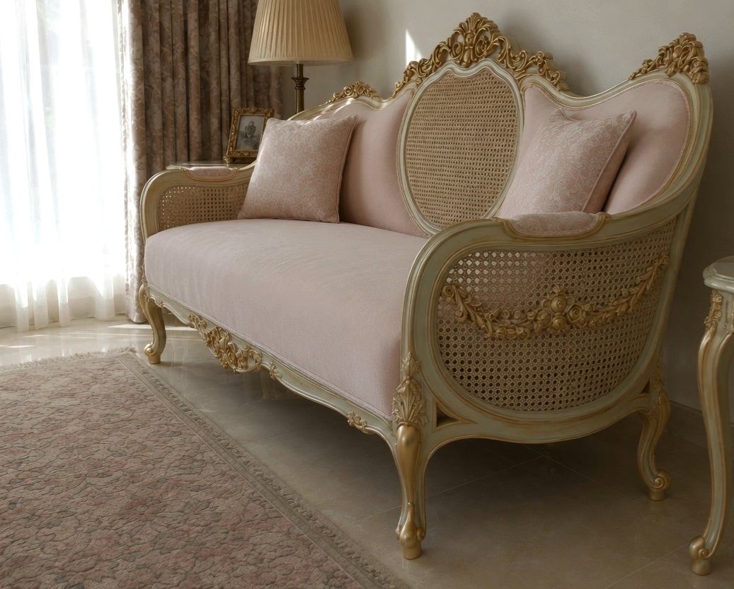 French Country Rattan Cane Sofa Set | Handmade Vintage Furniture | Luxury Living Room Decor photo 2