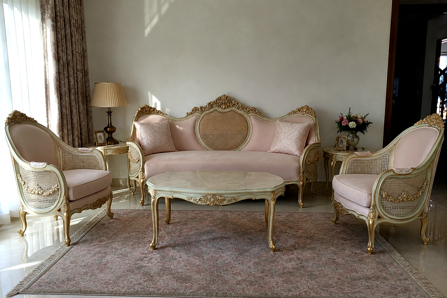 French Country Rattan Cane Sofa Set | Handmade Vintage Furniture | Luxury Living Room Decor photo 6