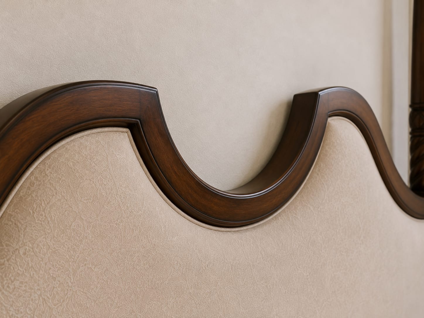 Detail view of the hand-turned barley twist post and acorn finial on the solid teak four poster bed