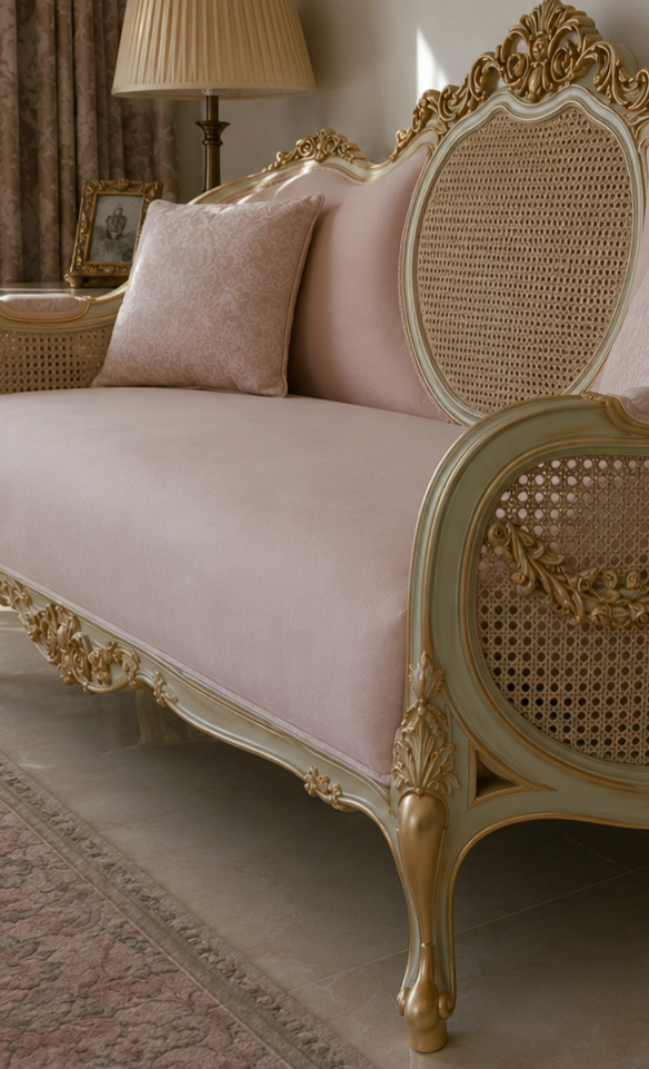French Country Rattan Cane Sofa Set | Handmade Vintage Furniture | Luxury Living Room Decor photo 7