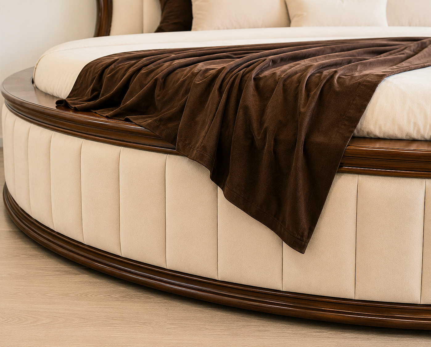 Luxury Round Bed | Solid Teak Wood Frame | Tufted Upholstered Headboard | Custom Sizes photo 7