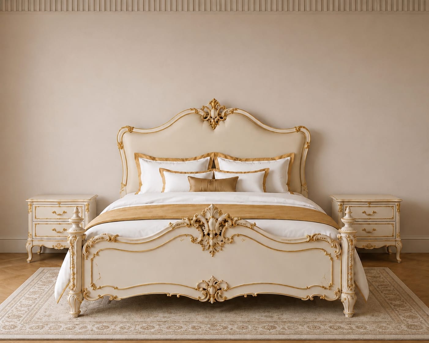Luxury Beige & Antique Gold Custom Bed Frame | French Handmade Vintage Furniture