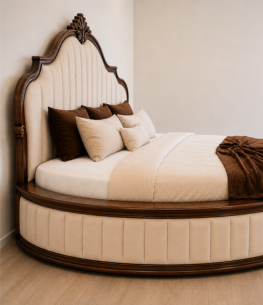 Luxury Round Bed | Solid Teak Wood Frame | Tufted Upholstered Headboard | Custom Sizes photo 6