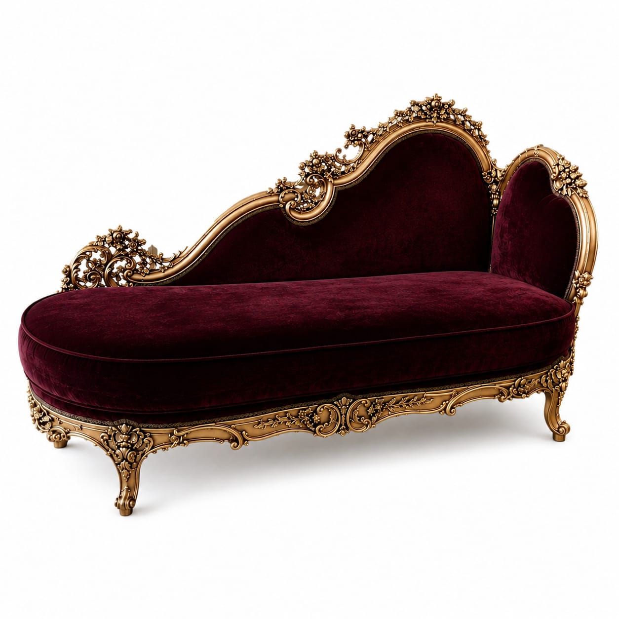 French country chaise lounge with ornate carved frame and burgundy upholstery